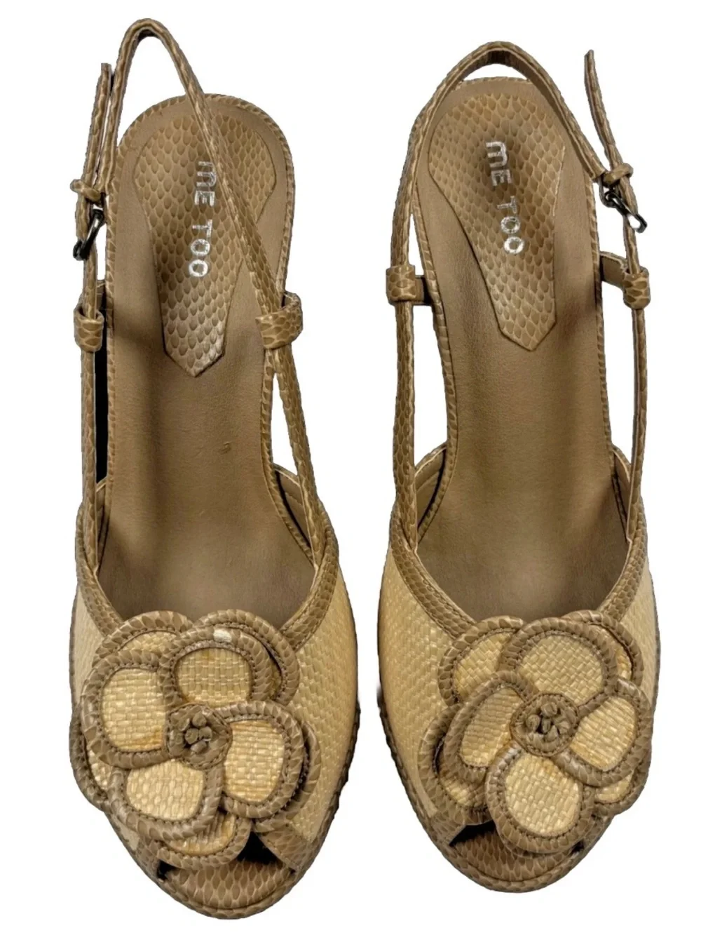 VTG Y2K Sandals Sz 7 Tan Raffia Peep Toe Slingback Wedge Me Too Flower Cottageco